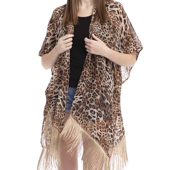 Women’s Leopard Print Cover Up Vest Swimsuit cover up kimono Sheer Fringe - Picture 1 of 7